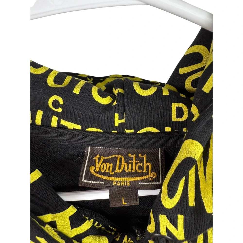 Von Dutch Hoodie Mens Large Black Yellow All Over Logo Print Full Zip Paris - Picture 2 of 5